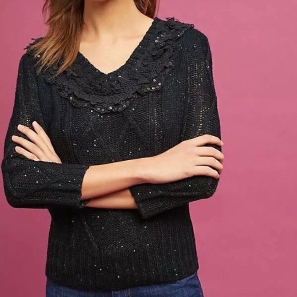 Anthropologie Harlyn Black Sequin V Neck Sweater Sz XS